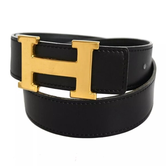HERMES H Logo Constance Reversible Buckle Belt Leather #70 Black Green 35RH307 - Picture 1 of 12